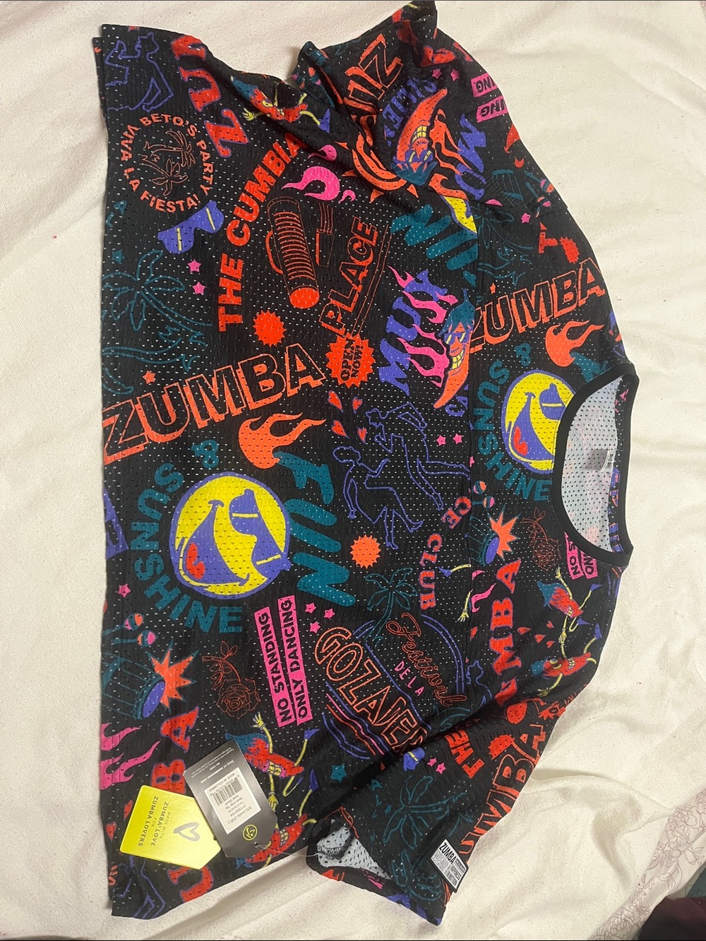 Zumba Fitness Bold Black Mesh Crop Top with Neon Multicolor Print